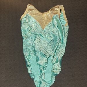 Sparkling Gold and Teal Kids One Piece Swim Leotard